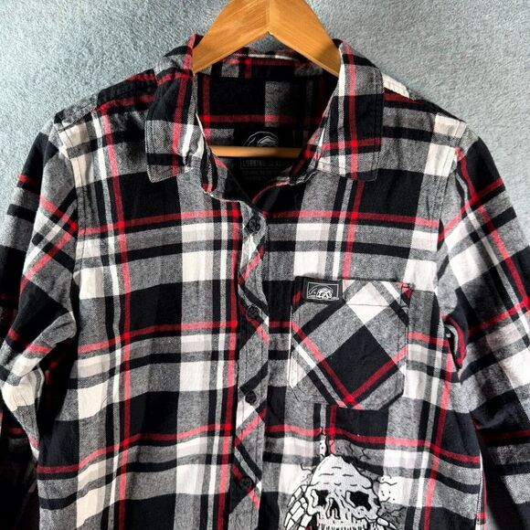 Lurking Class Flannel Shirt Women's Medium Black White Red Plaid Skull Button Up - Picture 2 of 11